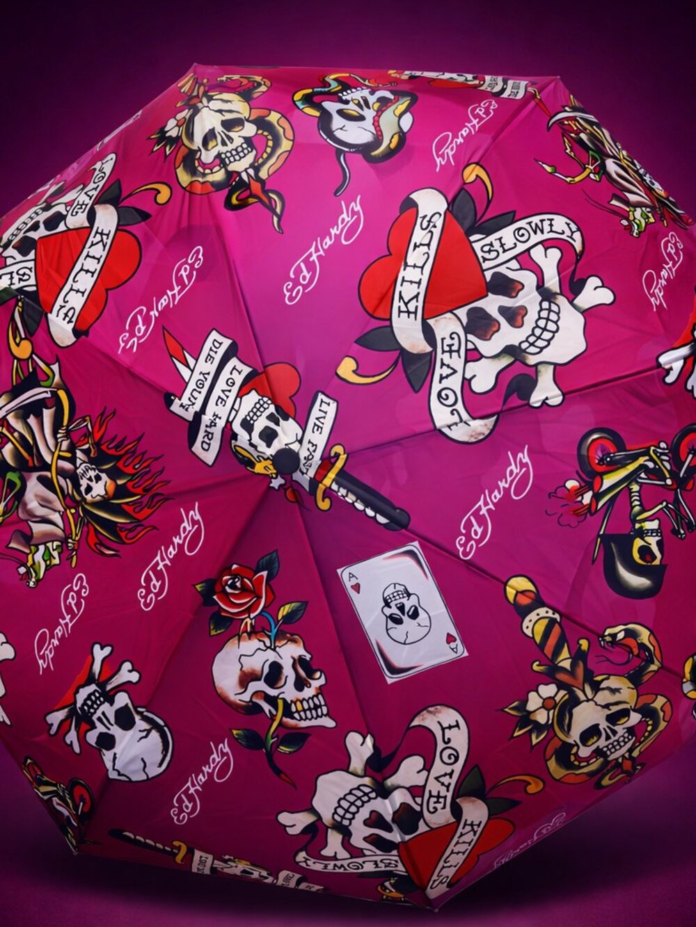 ED HARDY Pink Skull Tattoo Umbrella Y2K Hearts Love Kills Graphic Rare - Picture 7 of 13